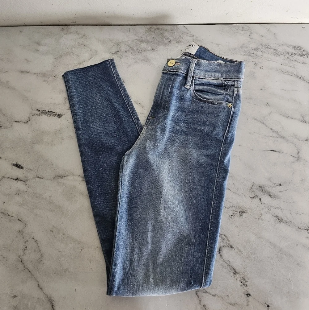 Frame Denim Le High Rise Skinny Crop Blue‎ Distressed Jeans 25 Preowned